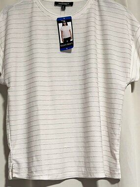 NWT Ellen Tracy Glitter Stripe Top Crew Neck Short Sleeve Size L